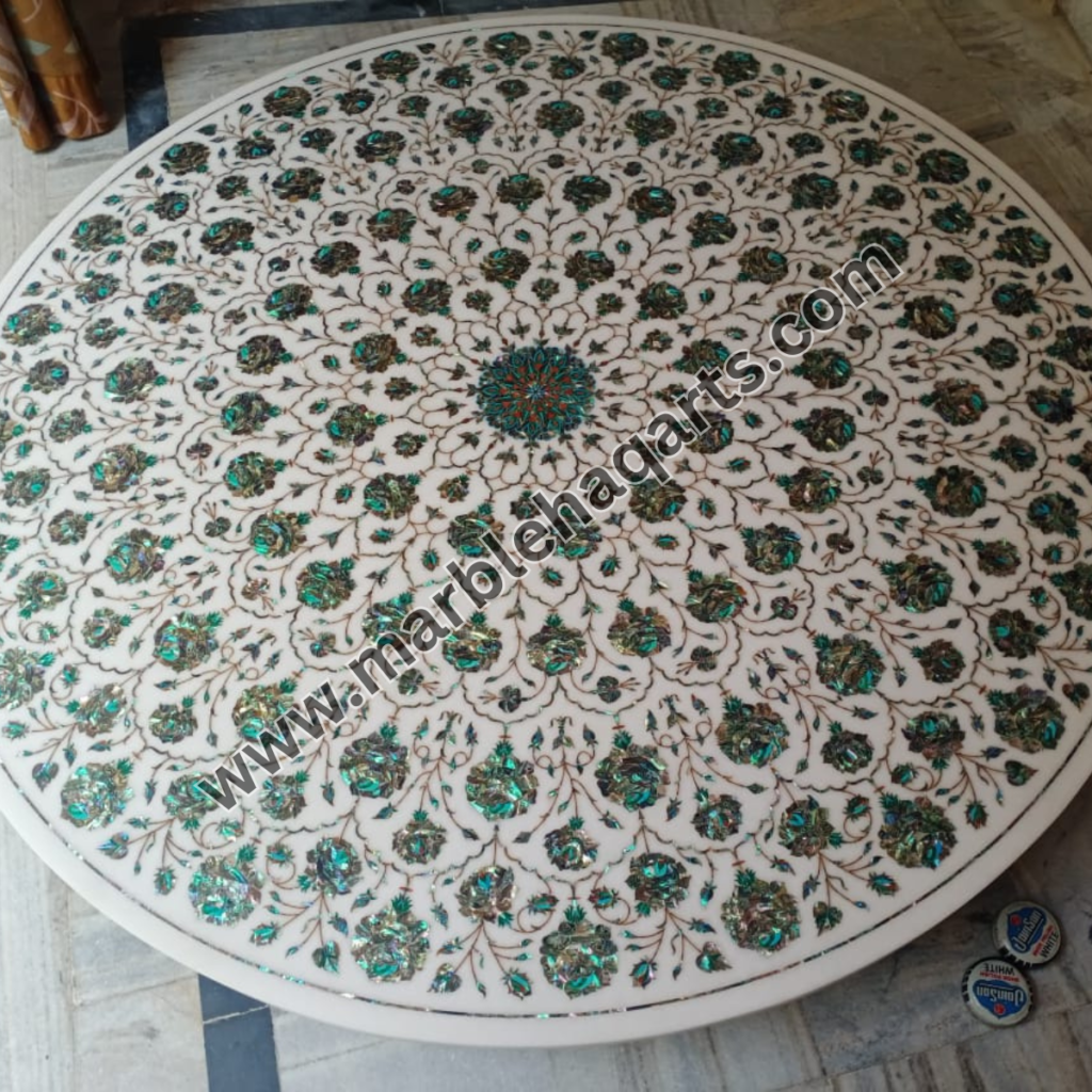 New Green MOP Peacock Feather Circular Inlay Tabletop design